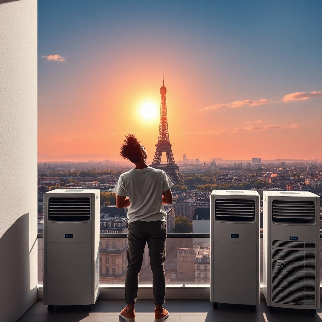 Canicule à Paris : une personne devant des climatiseurs AMGR avec la Tour Eiffel en arrière-plan